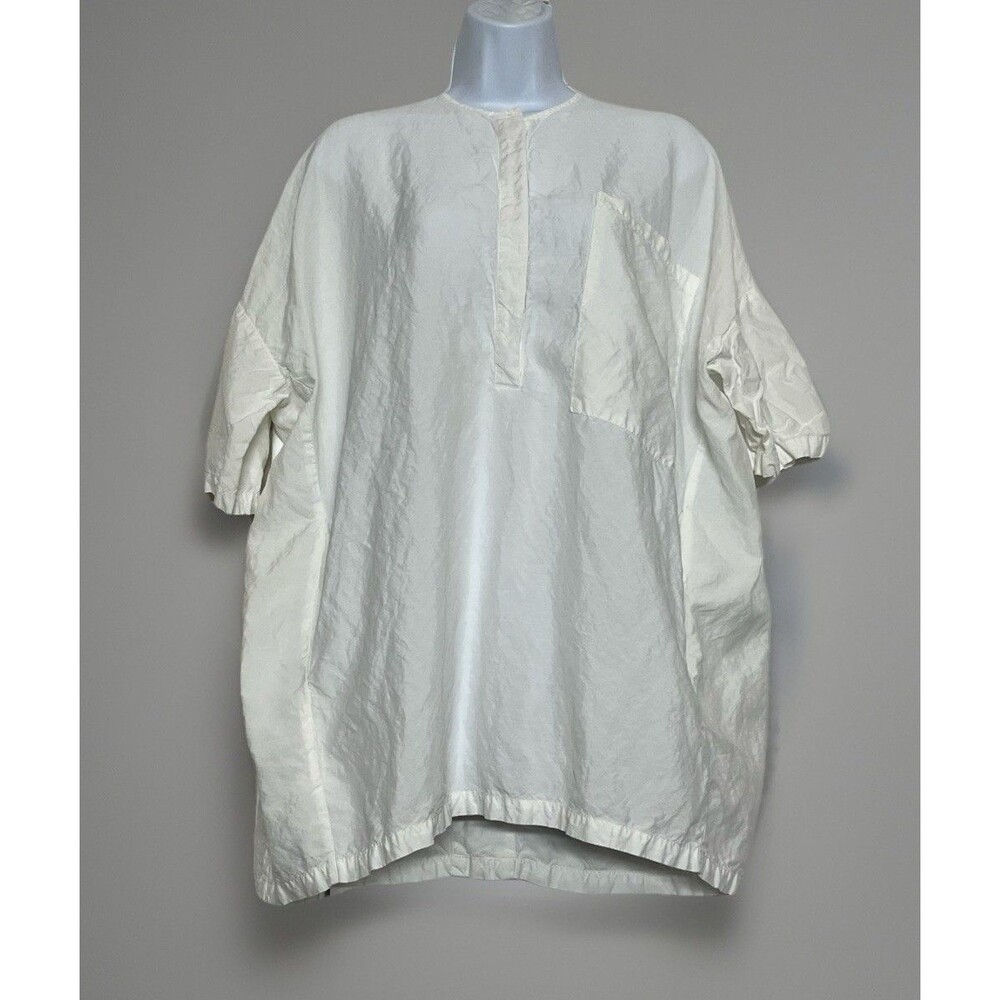 Shosh Linen Henley Top White Oversized Structured Linen Tunic XS (0-2) Lagenlook